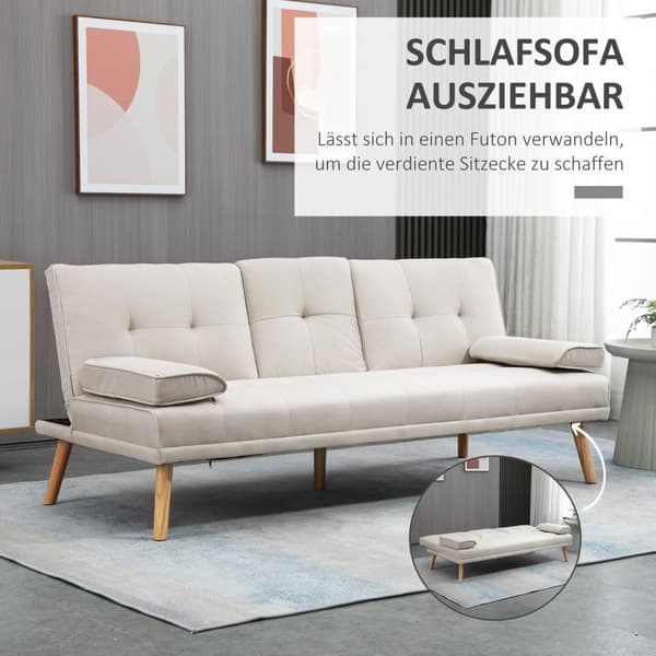 Sovesofa, 3-Seters Sofa, Sovesofa Med Sammenleggbar Bord, Stoffsofa Med Linlook, I Skandinavisk Design, Bæreevne Opptil 250 Kg