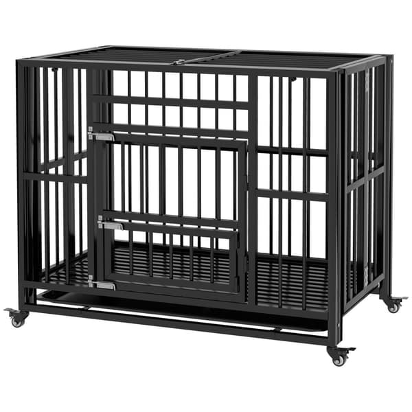 Hundebur Hundekasse Med Doble Dører Hundekennelhjul Hundehus Stål Svart 94 X 58 X 78 Cm