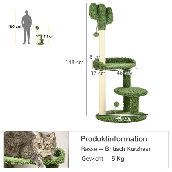 Raapimispylväs 111Cm Kissan Raapimispylväs 2 Kerroksella & Leikkipallolla, Kissoille 10Kg Asti, Sisal, Vihreä