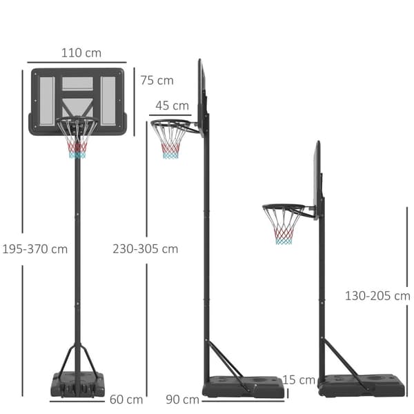 2-I-1 Basketballstativ 195-370 Cm Højdejusterbar Basketballkurv Med Stålstativ