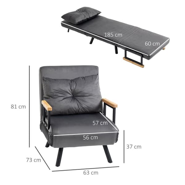 Sovestol, Enkelt Sofa Med Sengefunktion, Afslapningsstol Med Justerbart Ryglæn, Fløjlslook, Mørkegrå
