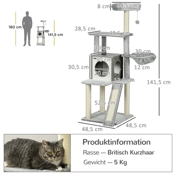 Raapimistolppa 141,5 Cm Kissapuu Kissaluolalla, Leikkipallo, Riippusänky, 2 Alustaa, Sisal