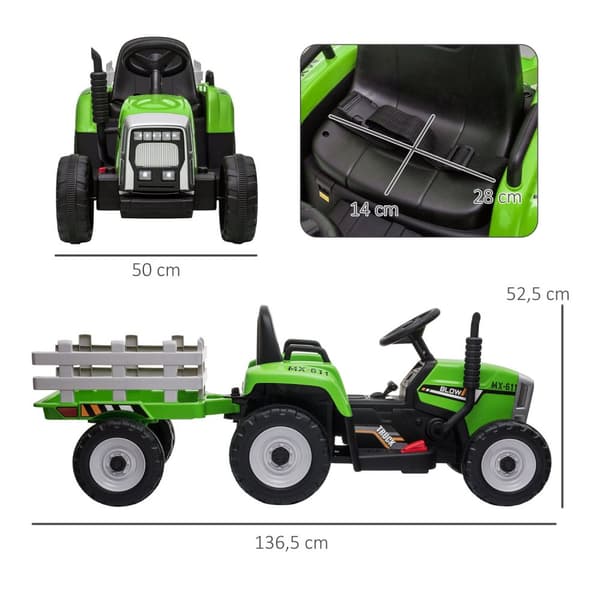 El-Traktor Med Trailer, Børne-Elbil Med Fjernbetjening, Børne-Køretraktor Med Mp3-Funktion, Forlygte
