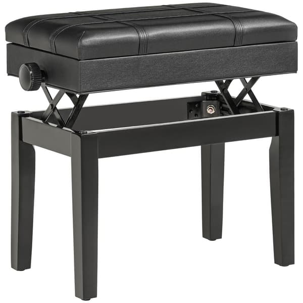 Klaverbænk Højdejusterbar Klaverskammel Med Opbevaringsplads, Læderpude, Sort, 63X35X46-56 Cm