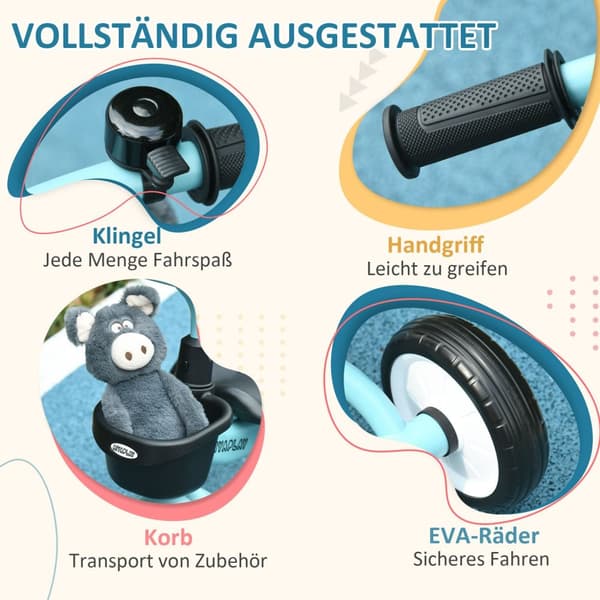 Trehjuls Barnesykkel Med Justerbart Sete, Balansesykkel Med Kurv Og Ringeklokke, Pedaler, For 2-5 År