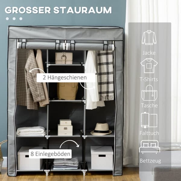 Stoffgarderobe Med Klesstang, 8 Nivåer, Lys Grå, Sammenleggbar Garderobe For Soverom Og Gang