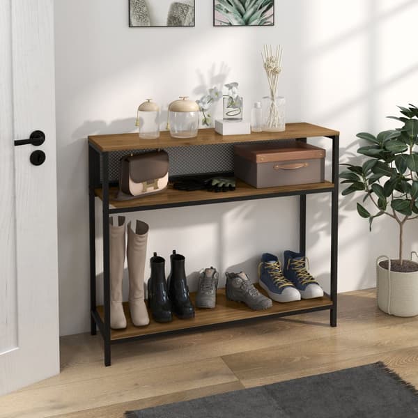 Konsolbord Med 2 Hylder, Gangkonsol Med Tipsikring, Skohylde, Metal, Brun, 100X29,5X90 Cm