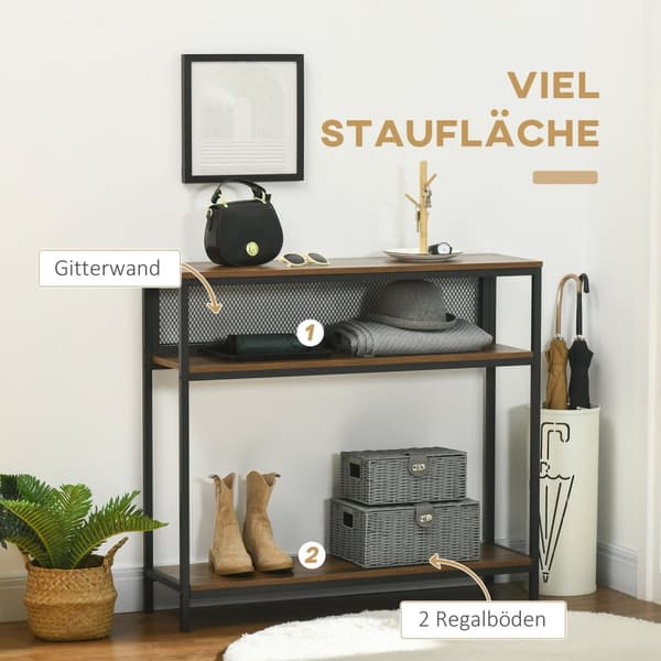 Konsolbord Med 2 Hylder, Gangkonsol Med Tipsikring, Skohylde, Metal, Brun, 100X29,5X90 Cm