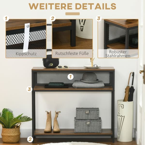 Konsolbord Med 2 Hylder, Gangkonsol Med Tipsikring, Skohylde, Metal, Brun, 100X29,5X90 Cm