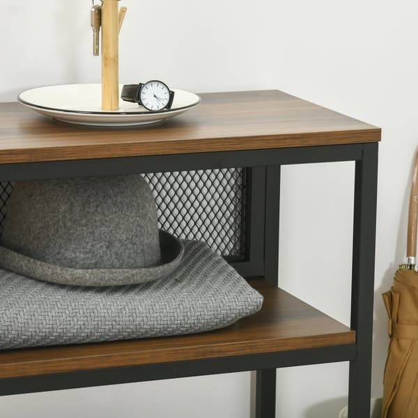 Konsolbord Med 2 Hylder, Gangkonsol Med Tipsikring, Skohylde, Metal, Brun, 100X29,5X90 Cm