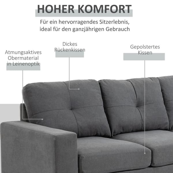 Hjørnesofa I L-Form Grå Hjørnesofa Med Sjeselong, Linlook, For 3 Personer, 93X136X85Cm