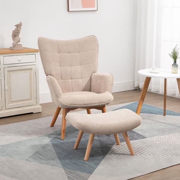 Vingestol Med Krakk, Avslapningsstol, Polstret Stol I Kordfløyellook, Lenestol, Lenestol Med Treben, Tv-Stol Til Stue, Beige