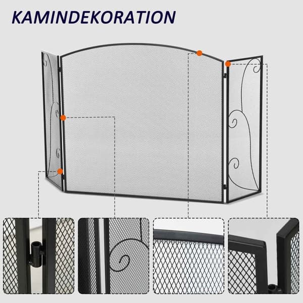 Takkasäleikkö, Takkasuojasäleikkö 3 Paneelilla, Taitettava Kipinäsuojaritilä, Uunin Suojaritilä Olohuoneeseen, Metallia, Musta 132,5 X 76,5 Cm