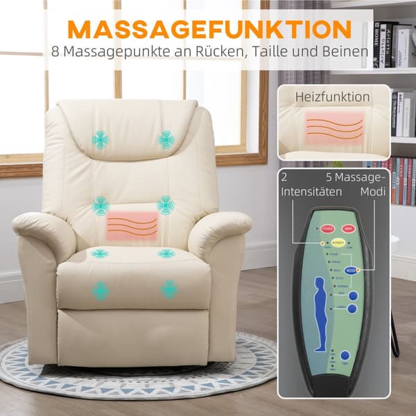 Lænestol Med Ståhjælp, Justerbar Afslapningsstol, Elektrisk Massagestol Med Varmefunktion, Med Fjernbetjening, Lavet Af Kunstlæder, Creme