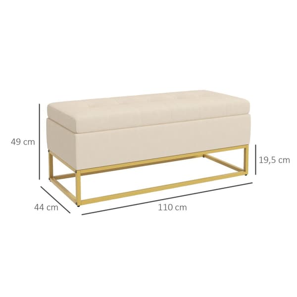 Benk Med Oppbevaringsplass, Polstret Benk Med Sammenleggbart Lokk I Fløyelslook, Sengebenk Med Stålben, Beige, 110X44X49Cm