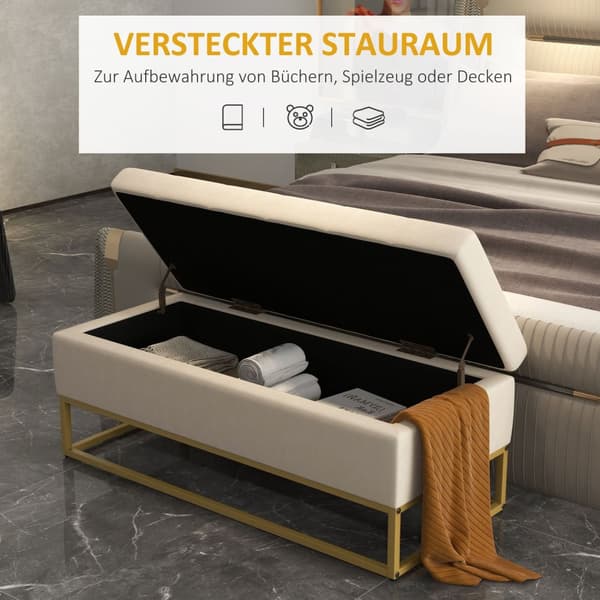 Benk Med Oppbevaringsplass, Polstret Benk Med Sammenleggbart Lokk I Fløyelslook, Sengebenk Med Stålben, Beige, 110X44X49Cm
