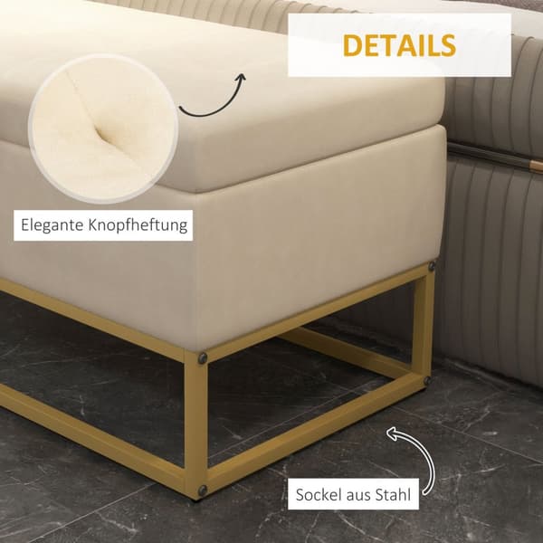 Benk Med Oppbevaringsplass, Polstret Benk Med Sammenleggbart Lokk I Fløyelslook, Sengebenk Med Stålben, Beige, 110X44X49Cm