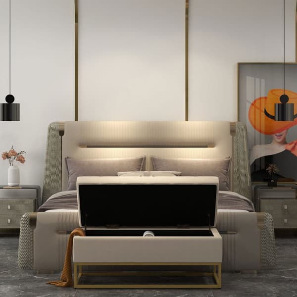 Benk Med Oppbevaringsplass, Polstret Benk Med Sammenleggbart Lokk I Fløyelslook, Sengebenk Med Stålben, Beige, 110X44X49Cm