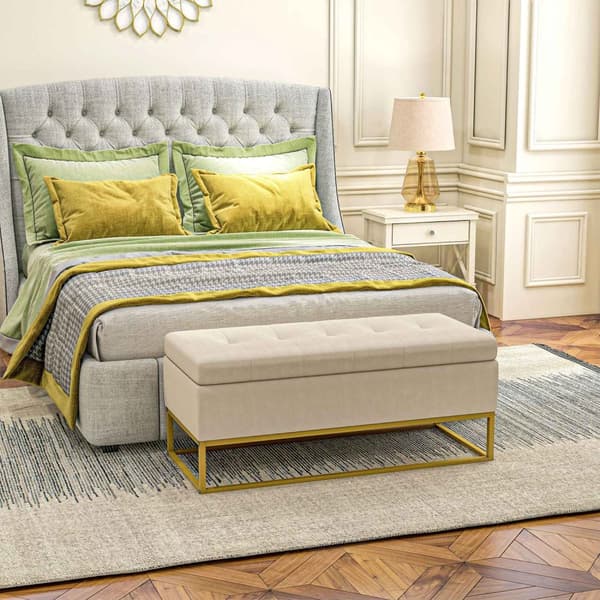 Benk Med Oppbevaringsplass, Polstret Benk Med Sammenleggbart Lokk I Fløyelslook, Sengebenk Med Stålben, Beige, 110X44X49Cm