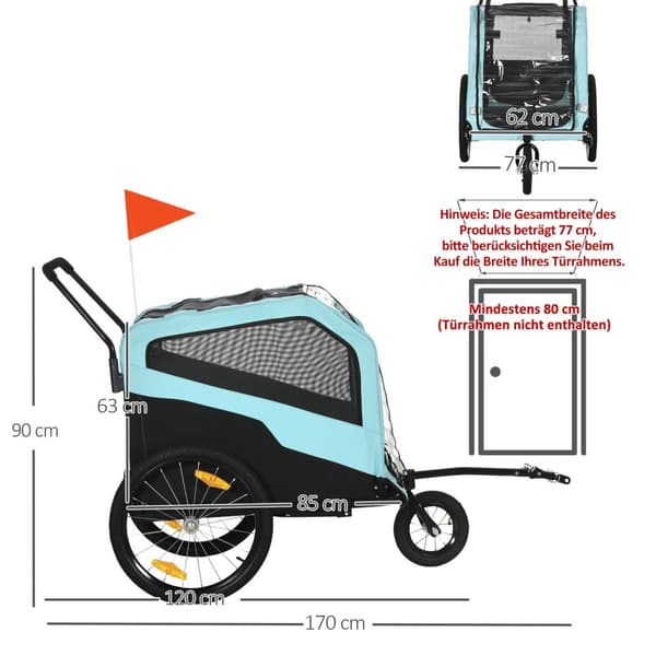 2-In-1 Koiran Peräkärry, Polkupyörän Peräkärry Koirille, Koiranrattaat Heijastimilla, Dog Buggy Max 30Kg, Oxford-Kangas, Sininen