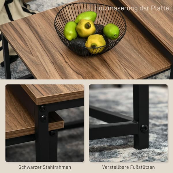 Salongbordsett Med 2 Sidebord I Industridesign, Stuebord Med Trelook, Stål, Natur