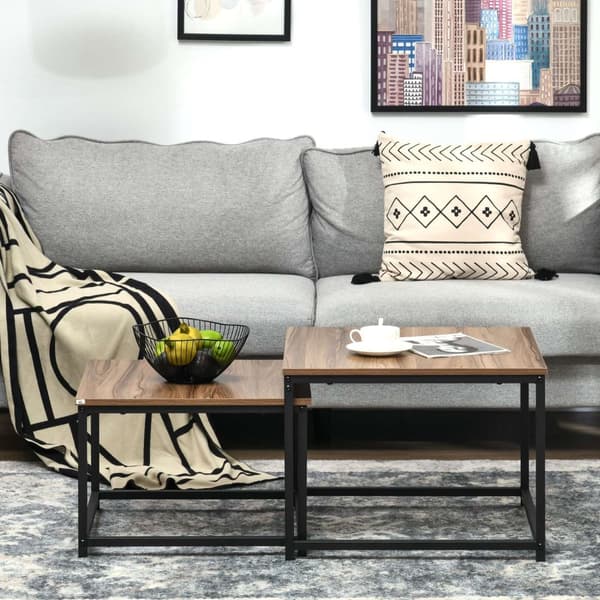 Salongbordsett Med 2 Sidebord I Industridesign, Stuebord Med Trelook, Stål, Natur