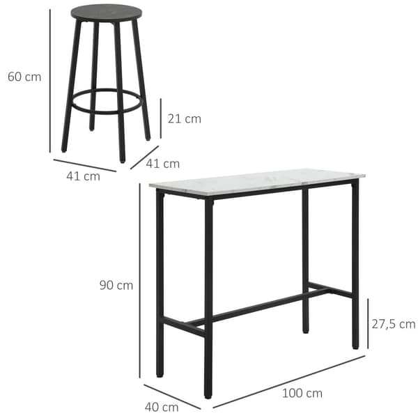 Barbord Med Barstolsett, 3-Delt Barbordsett, Spisebord Med 2 Barkrakker, Spisegruppe, Barbord, Kjøkkenbord, Stål, Hvit, Svart