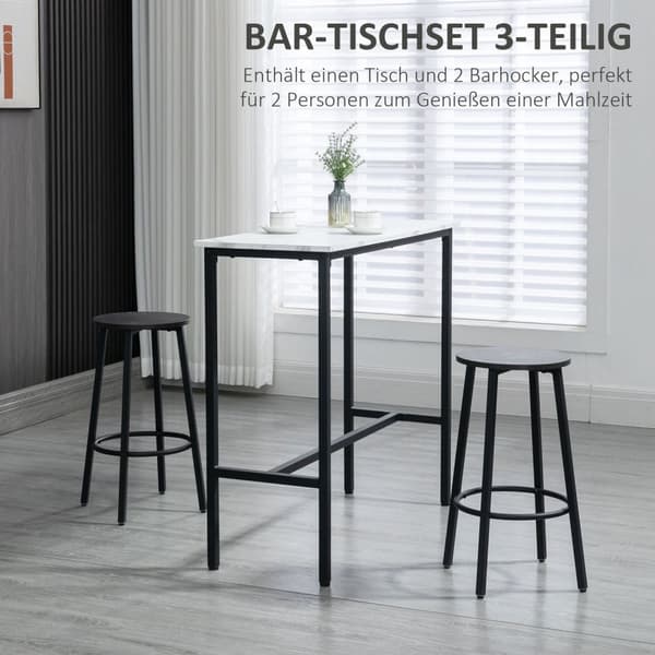 Barbord Med Barstolsett, 3-Delt Barbordsett, Spisebord Med 2 Barkrakker, Spisegruppe, Barbord, Kjøkkenbord, Stål, Hvit, Svart