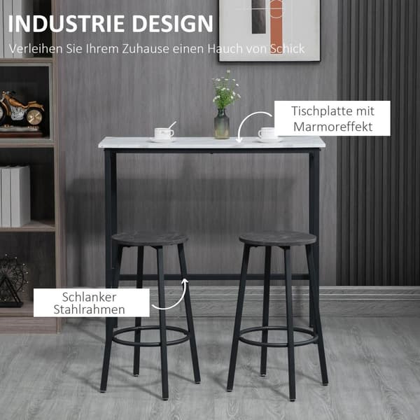 Barbord Med Barstolsett, 3-Delt Barbordsett, Spisebord Med 2 Barkrakker, Spisegruppe, Barbord, Kjøkkenbord, Stål, Hvit, Svart