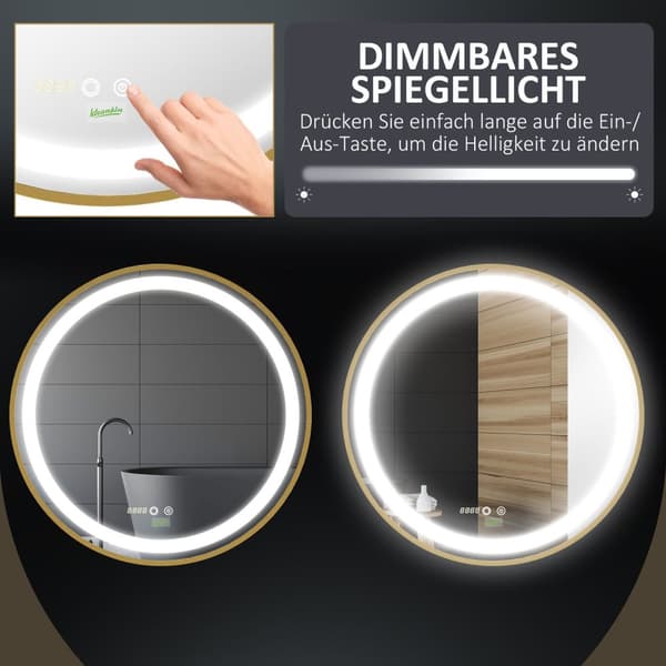 Veggspeil Dimbart Baderomsspeil Med Led-Lys, Minnefunksjon Og Tidsvisning, Ip44, Aluminiumslegering, 60X60Cm