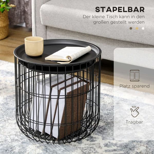 Sett Med 2 Salongbord, Sidebord I Scandi Design, Salongbord Med Oppbevaringsplass, Stål, Svart