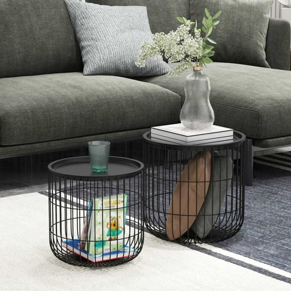 Sett Med 2 Salongbord, Sidebord I Scandi Design, Salongbord Med Oppbevaringsplass, Stål, Svart