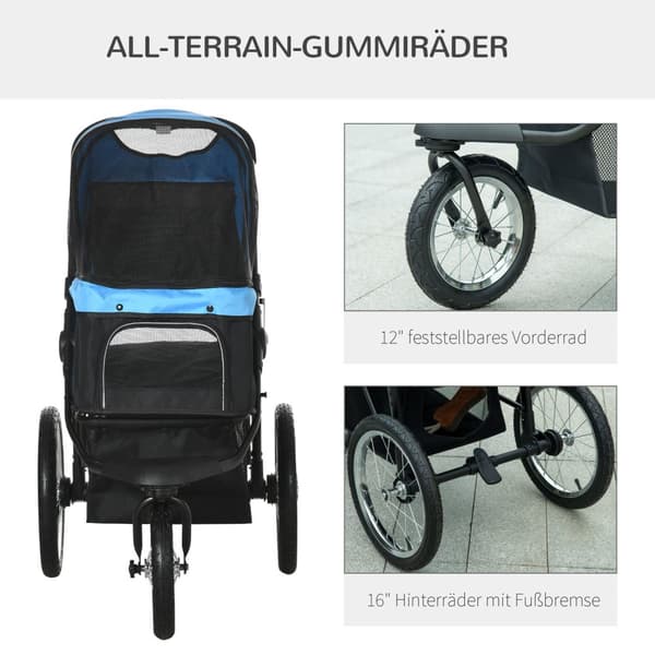 Hundevogn Med Reflekser, Sammenleggbar, Oppbevaringskurv, Solbeskyttelse, Nettingvindu, Oxford, Blå