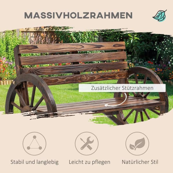 Hagebenk 2-Seters Trebenk Med Vognhjularmlener I Landlig Stil, Grantre, Brun, 105,5X56X79Cm