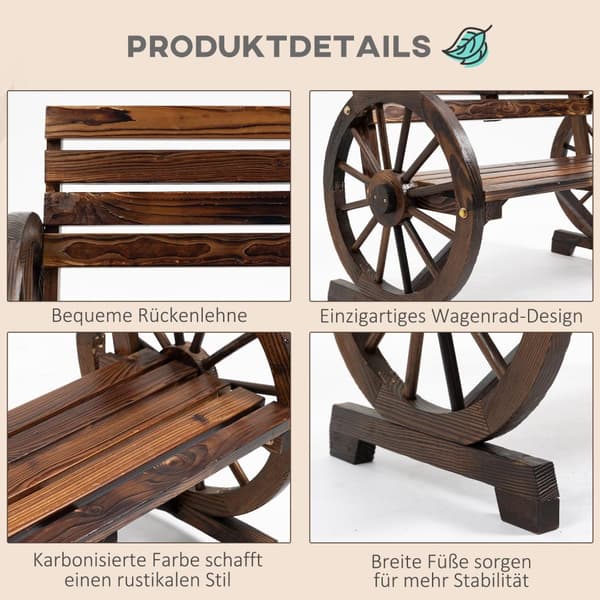 Hagebenk 2-Seters Trebenk Med Vognhjularmlener I Landlig Stil, Grantre, Brun, 105,5X56X79Cm