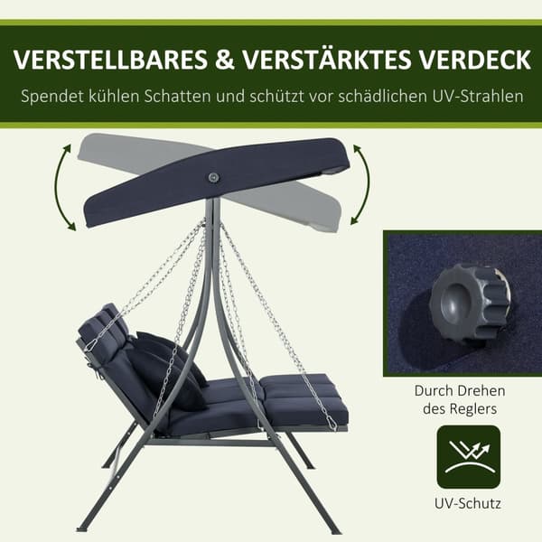 3-Seters Hollywood-Huske, Huskebenk Med Justerbar Solseil, Hagehuske Med Pute, Lastekapasitet Opptil 270 Kg, Metall, Tekstlinje, Mørkeblå, 198 X 118 X