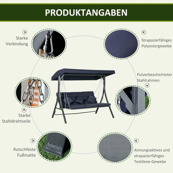 3-Seters Hollywood-Huske, Huskebenk Med Justerbar Solseil, Hagehuske Med Pute, Lastekapasitet Opptil 270 Kg, Metall, Tekstlinje, Mørkeblå, 198 X 118 X