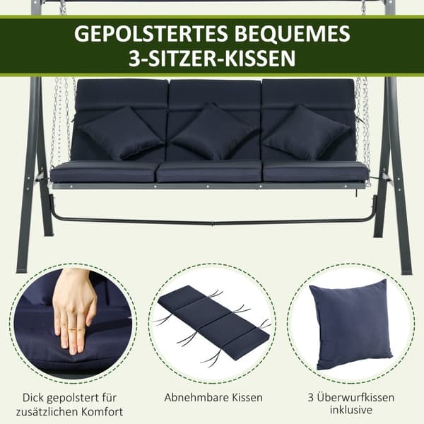 3-Seters Hollywood-Huske, Huskebenk Med Justerbar Solseil, Hagehuske Med Pute, Lastekapasitet Opptil 270 Kg, Metall, Tekstlinje, Mørkeblå, 198 X 118 X