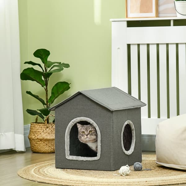 Cat Cave Hyggeligt Kattehus Med To Døre, Puder, Katteseng Til Op Til 5 Kg, Polyester I Grå