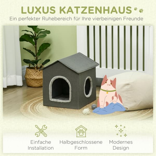Cat Cave Hyggeligt Kattehus Med To Døre, Puder, Katteseng Til Op Til 5 Kg, Polyester I Grå