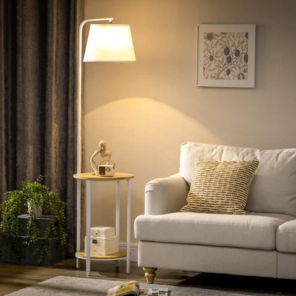 Golvlampa, Golvlampa Med 2 Hyllor, 40 W Golvlampa Med Linne Lampskärm, Golvlampa, Vit Metall, Höjd 162 Cm, Exkl. Glödlampa
