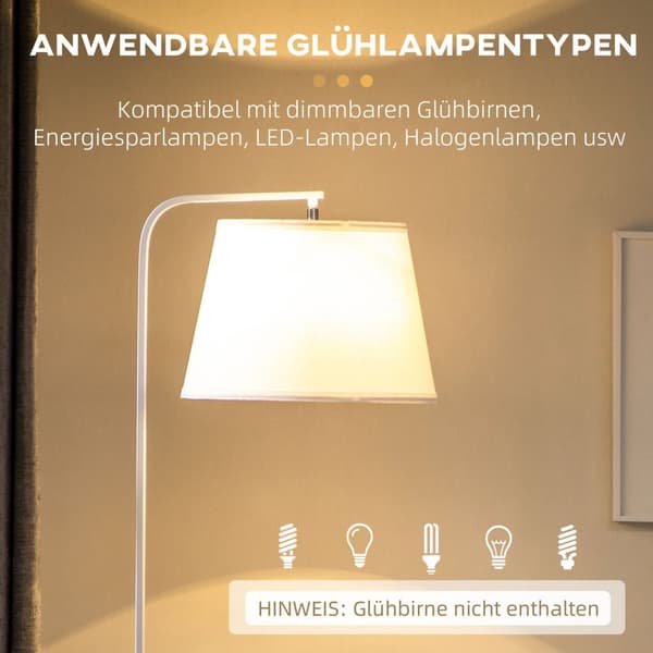Golvlampa, Golvlampa Med 2 Hyllor, 40 W Golvlampa Med Linne Lampskärm, Golvlampa, Vit Metall, Höjd 162 Cm, Exkl. Glödlampa