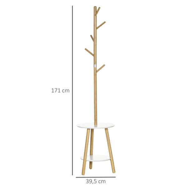 Klädstativ Med 5 Klädkrokar & Sidobord, 171 Cm Hög, Natur + Vit