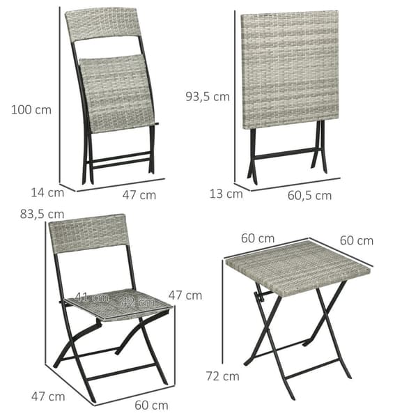 3 Stk. Balkongmøbelsett For Rotter, Bistrosett Med 2 Sammenleggbare Stoler, Klappbord, Hagemøbelsett, Sittegruppe, Sittegruppe, Metall, Lys Grå