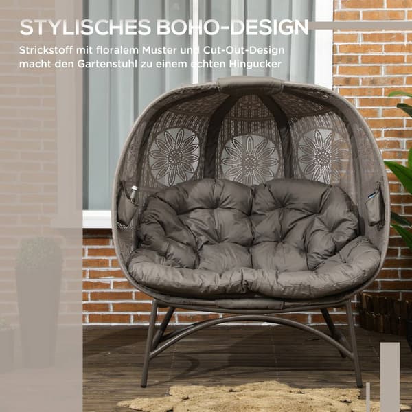 Hagestol 2-Seters Kurvstol Med Sammenleggbar Kurv Papasan Stol Med Pute Lounge Stol For Balkong Patio Stål Sand 126 X 75 X 142 Cm