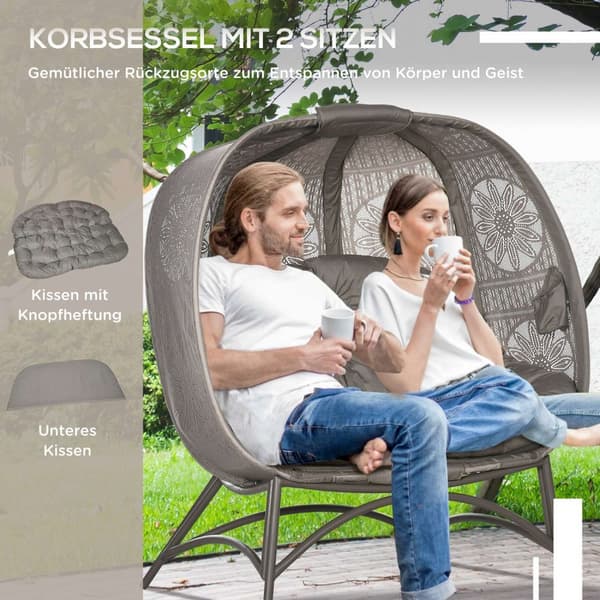 Hagestol 2-Seters Kurvstol Med Sammenleggbar Kurv Papasan Stol Med Pute Lounge Stol For Balkong Patio Stål Sand 126 X 75 X 142 Cm