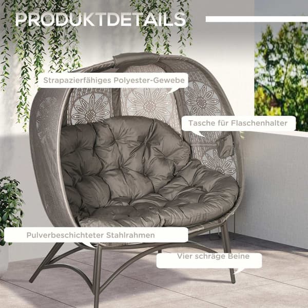 Hagestol 2-Seters Kurvstol Med Sammenleggbar Kurv Papasan Stol Med Pute Lounge Stol For Balkong Patio Stål Sand 126 X 75 X 142 Cm