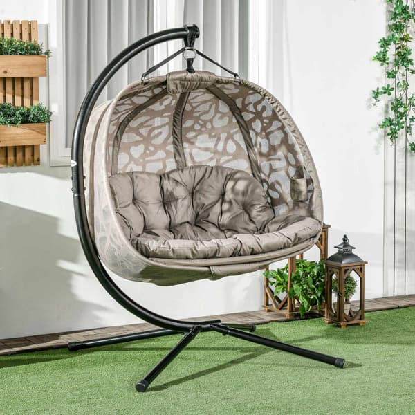 Hengestol, 2-Seters Hengestol Med Pute, Hengende Huske Med Sammenleggbar Setekurv, Lastekapasitet Opptil 240 Kg, Polyester + Stål, Sand