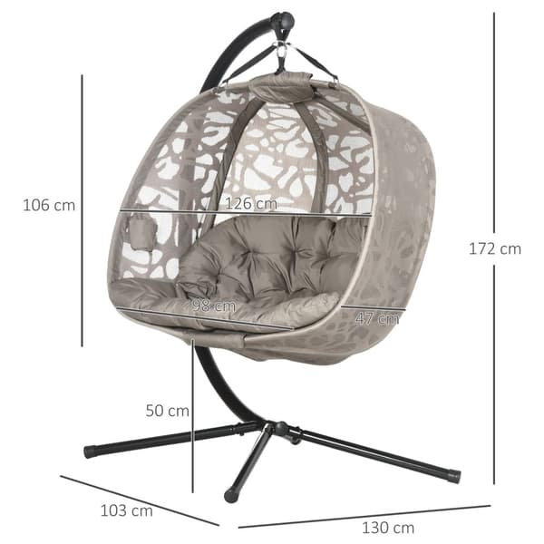 Hengestol, 2-Seters Hengestol Med Pute, Hengende Huske Med Sammenleggbar Setekurv, Lastekapasitet Opptil 240 Kg, Polyester + Stål, Sand