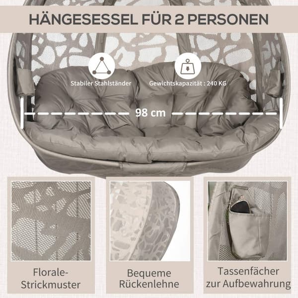Hengestol, 2-Seters Hengestol Med Pute, Hengende Huske Med Sammenleggbar Setekurv, Lastekapasitet Opptil 240 Kg, Polyester + Stål, Sand